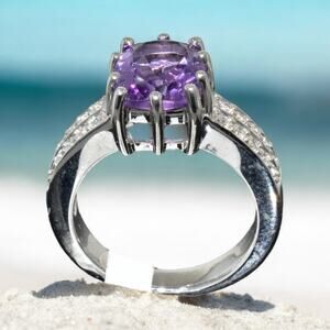 Genuine Amethyst Created Sapphire Ring 925 Sterling Silver US Size 7